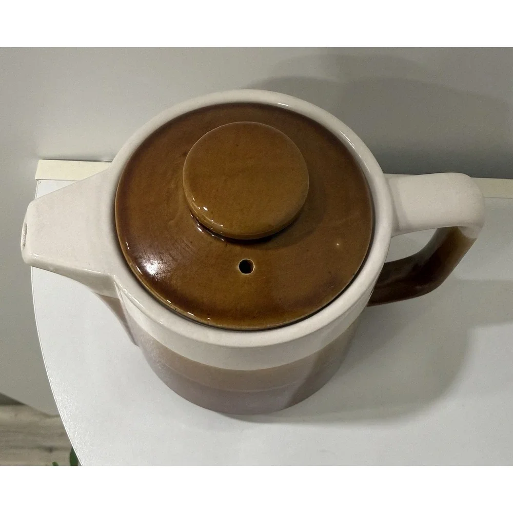 Vintage Pottery Tea Pot Creamer Tan Brown Specked Glaze with Lid Made in Japan